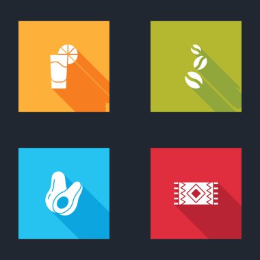 Limonlu tekila bardağı, kahve çekirdekleri, avokado meyvesi ve Meksika halısı ikonu. Vektör