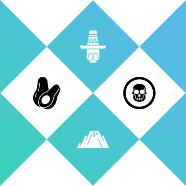 Avokado meyvesi, lav volkanı patlaması Meksikalı sombrero ve kafatası madeni para ikonu. Vektör