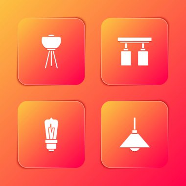 Döşeme lambası, ışık ve lambalar, ampul ve lamba asma ikonunu ayarla. Vektör