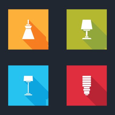 Lamba asma, masa lambası, zemin ve LED ampul ikonu. Vektör