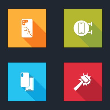 Mobil ekranı bozuk, telefon tamir servisi, akıllı telefon ve çekiç simgesini ayarlayın. Vektör