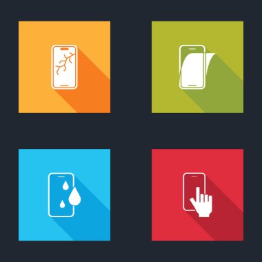 Mobil ekranı kırık, cam koruyucusu, su geçirmez telefonu ve telefon servis simgesini ayarla. Vektör