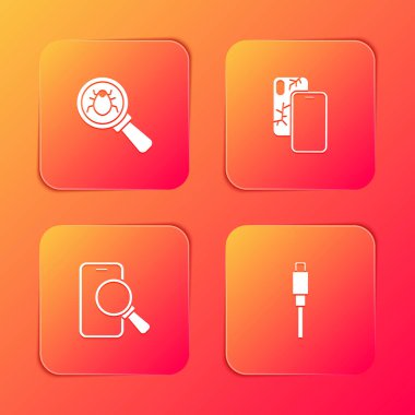 Sistem hatasını, bozuk ekranlı cep telefonunu, telefon tamir servisini ve USB kablo ikonunu ayarla. Vektör