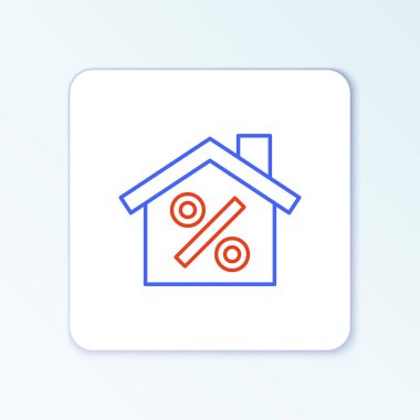 Beyaz arkaplanda izole edilmiş indirimli etiket simgesine sahip Satır Evi. Emlak evi. Kredi yüzdesi sembolü. Renkli taslak konsepti. Vektör