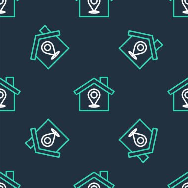 Ev simgesine sahip çizgi haritası işaretleyicisi siyah arkaplanda izole edilmiş pürüzsüz desen. Ev konumu belirleyici sembol. Vektör