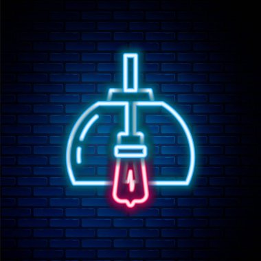 Parlak neon çizgisi olan Chandelier simgesi tuğla duvar arka planında izole edilmiş. Renkli taslak konsepti. Vektör
