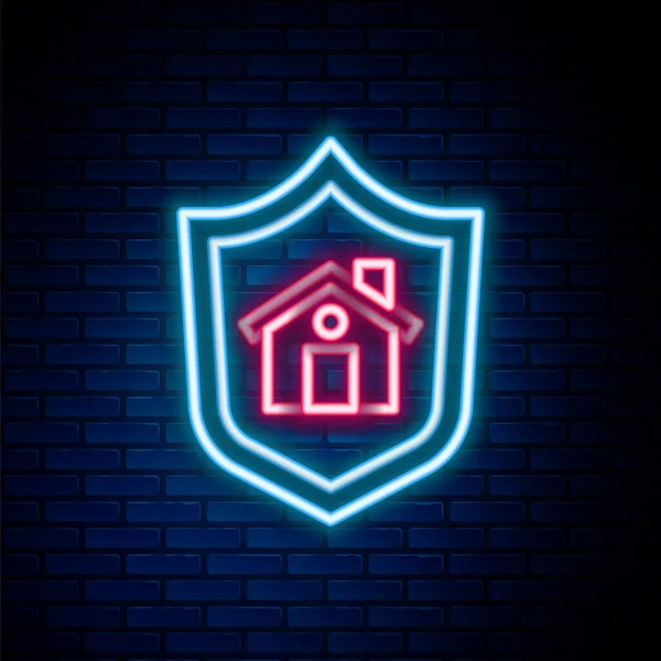Linea Neon Luminosa Casa Con Icona Dello Scudo Isolata Sfondo — Vettoriale Stock