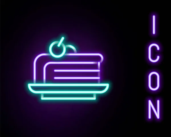 Linha Néon Brilhante Piece Cake Icon Isolated Black Background Feliz —  Vetores de Stock