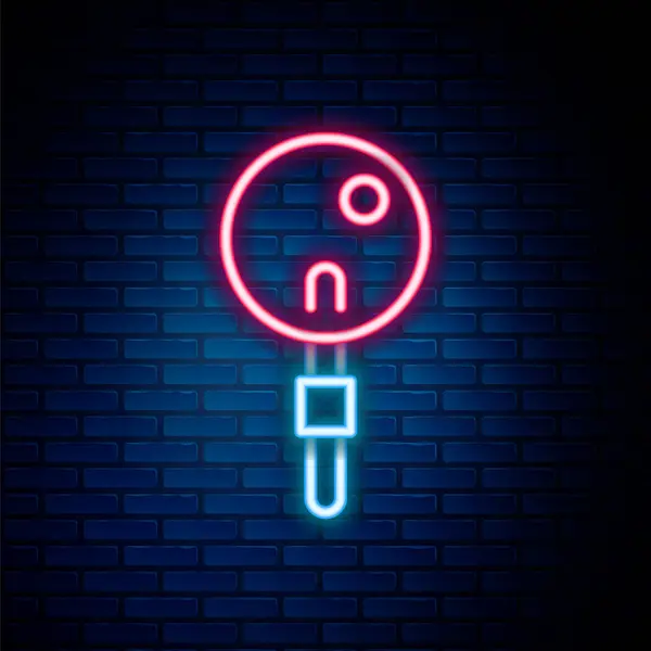 Gloeiende Neon Lijn Lollipop Pictogram Geïsoleerd Baksteen Muur Achtergrond Eten — Stockvector