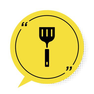 Siyah Spatula simgesi beyaz arkaplanda izole edildi. Mutfak spatula ikonu. Barbekü spatula işareti. Barbekü ve ızgara aleti. Sarı konuşma balonu sembolü. Vektör