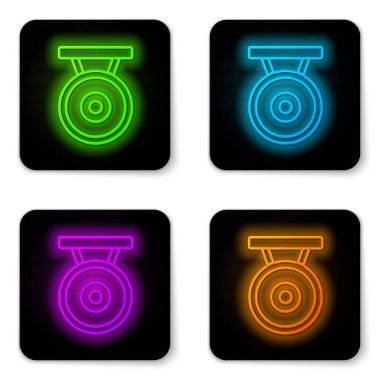 Parlayan neon hattı Gong müzik perküsyon enstrümanı dairesel metal disk simgesi beyaz arka planda izole edildi. Siyah kare düğme. Vektör