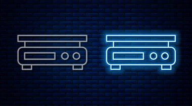 Parlayan neon hattı elektronik ölçekli simge tuğla duvar arka planında izole edildi. Ağırlık ölçüm aletleri. Vektör