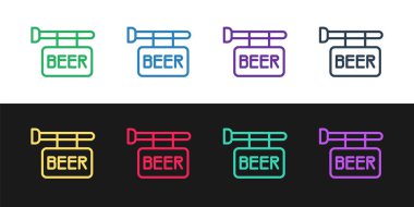 Siyah ve beyaz arkaplanda izole edilmiş bira simgesi ile çizgi sokak tabelasını ayarlayın. Reklamlar için uygun bar, kafe, bar, restoran. Vektör