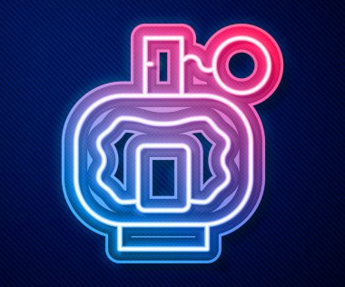 Parlayan neon hattı losyon ikonu mavi arka planda izole edildi. Parfüm spreyi ikonu. Erkek parfüm şişesi. Vektör