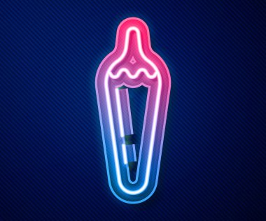 Parlayan neon hattı. Kırmızı biber kabuğu simgesi mavi arkaplanda izole edilmiş. Market, mutfak ürünleri, baharat ve baharat paketi, yemek kitabı için tasarım. Vektör