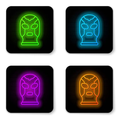 Parlayan neon hattı Meksikalı güreşçi ikonu beyaz arka planda izole edilmiş. Siyah kare düğme. Vektör