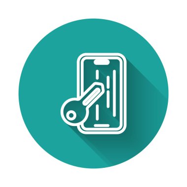 Akıllı telefon simgesi için uzun gölgeli beyaz çizgi cam ekran koruyucu. Cam için koruyucu film. Cep telefonu için şeffaf yumuşak cam. Yeşil daire düğmesi. Vektör