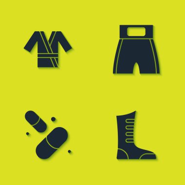 Japon kostümlü kimono, spor boks ayakkabısı, vitamin hapı ve kısa boks ikonu ayarla. Vektör