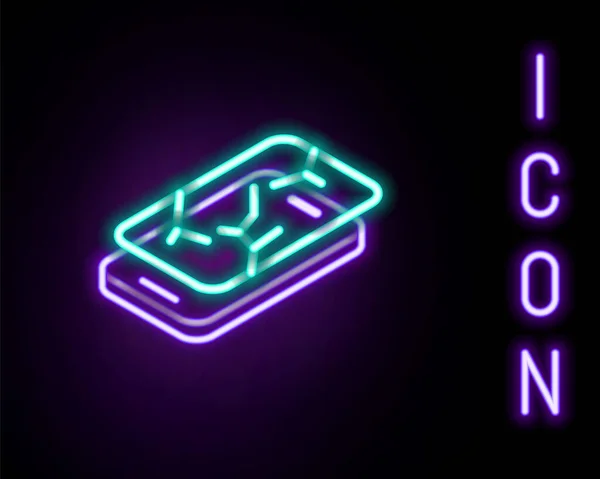 Gloeiende Neon Lijn Smartphone Met Gebroken Scherm Pictogram Geïsoleerd Zwarte — Stockvector