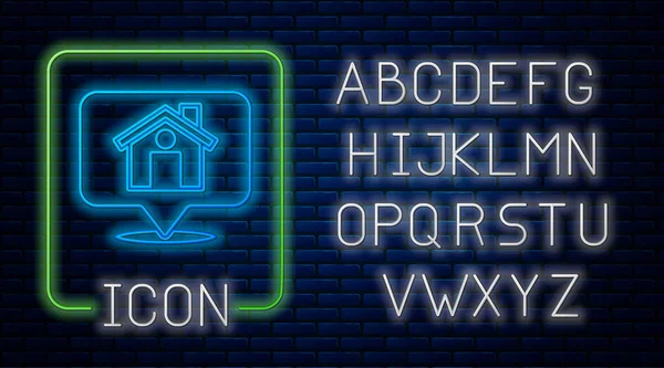 Gloeiende Neon Kaart Wijzer Met Huis Pictogram Geïsoleerd Baksteen Muur — Stockvector