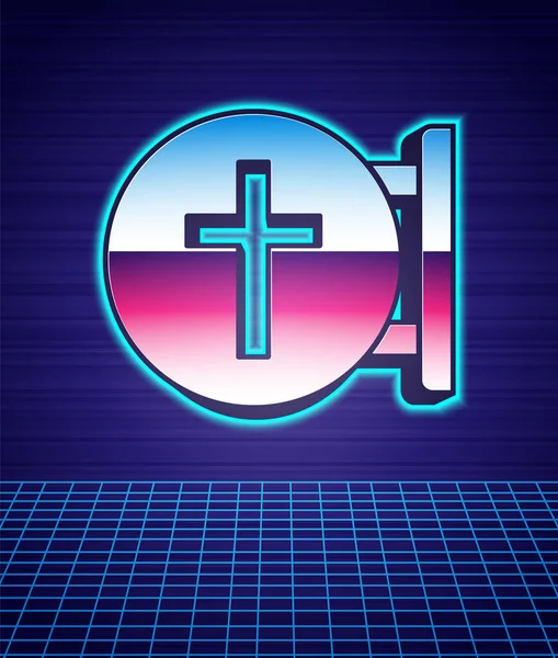 Retro Styl Křesťanský Kříž Ikona Izolované Futuristické Krajiny Pozadí Kostelní — Stockový vektor