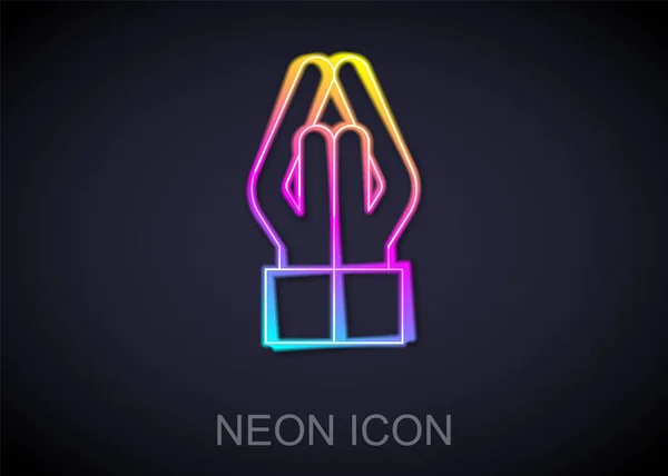 Ragyogó Neon Vonal Kezek Imádkozó Helyzetben Ikon Elszigetelt Fekete Háttér — Stock Vector