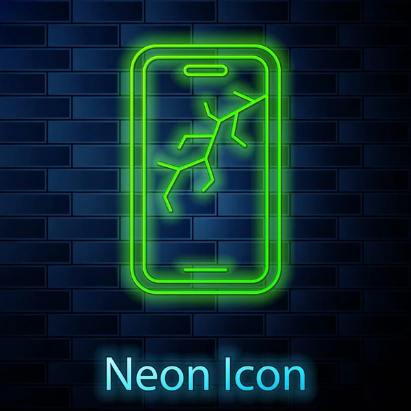 Gloeiende Neon Lijn Smartphone Met Gebroken Scherm Pictogram Geïsoleerd Baksteen — Stockvector