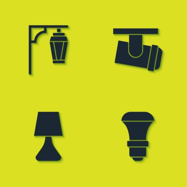 Klasik sokak lambasını, LED ampulü, masa lambasını ve ışık ve lamba ikonunu ayarla. Vektör