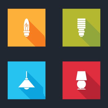 Ampul, LED ışık, lamba asma ve masa lambası simgesini ayarla. Vektör