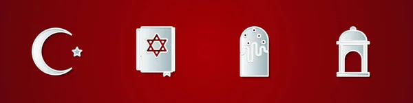 集明星和新月形 犹太托拉书 复活节蛋糕和穆斯林清真寺图标 — 图库矢量图片