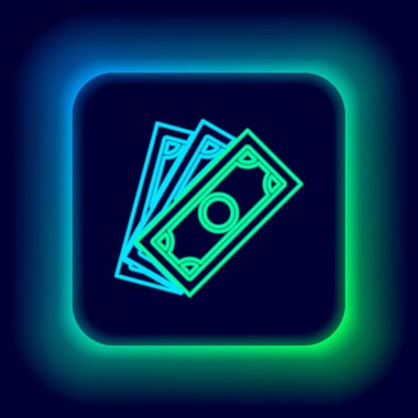 Parlak neon hattı kağıt yığınları para ikonu siyah arka planda izole. Para desteleri. Para birimi. Renkli taslak konsepti. Vektör