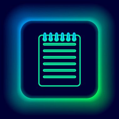 Parlayan neon çizgisi Not Defteri simgesi siyah arkaplanda izole edildi. Spiral not defteri simgesi. Yazı tahtası. İş günlüğü. Not defteri kapağı tasarımı. Renkli taslak konsepti. Vektör
