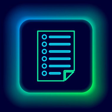 Parlayan neon hattı Belge simgesi siyah arkaplanda izole edildi. Dosya simgesi. Kontrol listesi simgesi. İş konsepti. Renkli taslak konsepti. Vektör