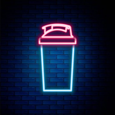 Parlayan neon hattı fitness karıştırıcı ikonu tuğla duvar arka planında izole edildi. Su ve protein kokteylleri için kapaklı spor karıştırıcı şişesi. Renkli taslak konsepti. Vektör