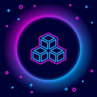 Parlayan neon hattı Isometric küp simgesi siyah arkaplanda izole edildi. Geometrik küp katı simge. 3 boyutlu kare işareti. Kutu sembolü. Renkli taslak konsepti. Vektör