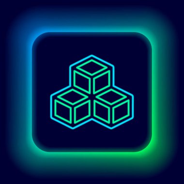 Parlayan neon hattı Isometric küp simgesi siyah arkaplanda izole edildi. Geometrik küp katı simge. 3 boyutlu kare işareti. Kutu sembolü. Renkli taslak konsepti. Vektör