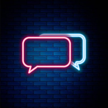 Parlayan neon hattı Sohbet simgesi tuğla duvar arka planında izole edildi. Konuşma baloncukları sembolü. Renkli taslak konsepti. Vektör