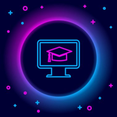Mezuniyet kapağı simgesi siyah arkaplanda izole edilmiş parlak neon hattı bilgisayar monitörü. Çevrimiçi öğrenme ya da e-öğrenme kavramı. İnternet bilgisi. Renkli taslak konsepti. Vektör