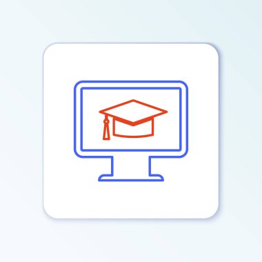 Mezuniyet başlığı simgesine sahip çizgi bilgisayar monitörü beyaz arkaplanda izole edildi. Çevrimiçi öğrenme ya da e-öğrenme kavramı. İnternet bilgisi. Renkli taslak konsepti. Vektör