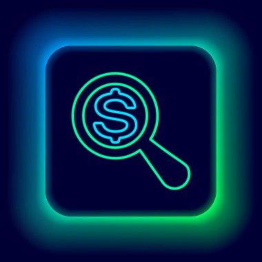 Parlayan neon çizgisi büyüteç ve dolar simgesi siyah arka planda izole edilmiş. Para bul. Para arıyorum. Renkli taslak konsepti. Vektör