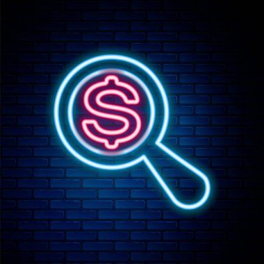 Parlayan neon hattı büyüteç ve dolar simgesi tuğla duvar arkasında izole edilmiş. Para bul. Para arıyorum. Renkli taslak konsepti. Vektör