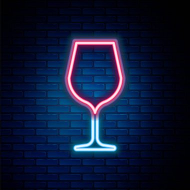 Parlayan neon çizgisi. Tuğla duvar arka planında izole edilmiş şarap cam ikonu. Şarap kadehi işareti. Renkli taslak konsepti. Vektör