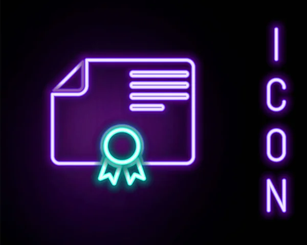 Žhnoucí Neonový Řádek Ikona Certifikátu Izolovaná Černém Pozadí Úspěch Vyznamenání — Stockový vektor