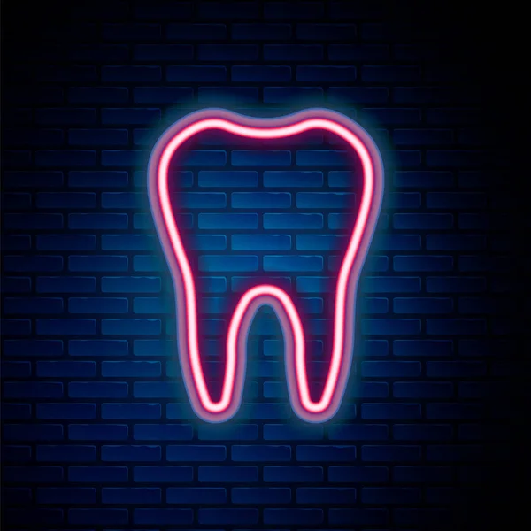 Glowing Neon Line Tooth Icon Isolated Brick Wall Background Tooth — Stock Vector