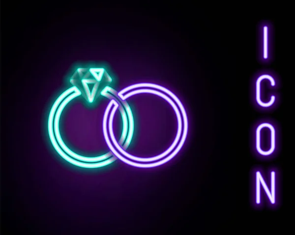 Gloeiende Neon Lijn Trouwringen Pictogram Geïsoleerd Zwarte Achtergrond Bruid Bruidegom — Stockvector