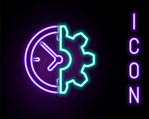 Linea Neon Incandescente Icona Orologio Ingranaggio Isolata Sfondo Nero Simbolo — Vettoriale Stock
