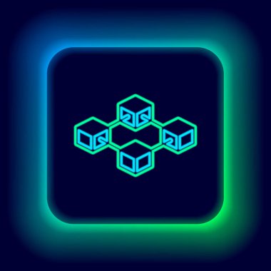 Parlayan neon hattı Blockchain teknolojisi simgesi siyah arkaplanda izole edildi. Kripto para birimi verileri. Soyut geometrik blok zincir ağ teknolojisi işi. Renkli taslak konsepti. Vektör