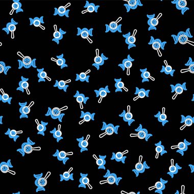 Çizgi DNA araştırması, arama simgesi siyah arkaplanda izole edilmiş kusursuz desen. Büyüteç ve DNA zinciri. Genetik mühendisliği, klonlama, babalık testi. Vektör