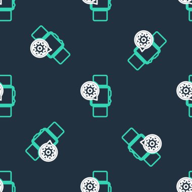 Çizgi Akıllı ve dişli simgesi siyah arkaplanda izole edilmiş. Uygulama, servis konsepti, ayar seçenekleri, bakım, onarım, onarım. Vektör