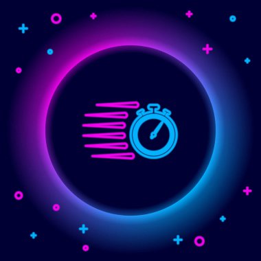 Parlayan neon hattı Stopwatch simgesi siyah arkaplanda izole edildi. Zaman göstergesi. Kronometre işareti. Renkli taslak konsepti. Vektör